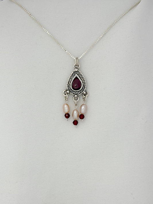 B25- Silver Drop Necklace with Garnet