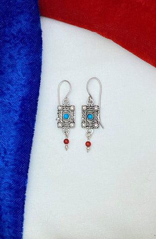 E29-  Silver Earrings with Turqouise and Carnelian Beads