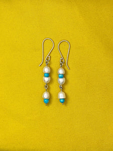 E86- Silver Earrings with Pearls & Turquoise Beads