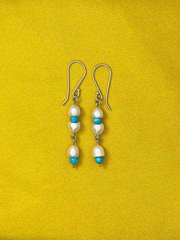 E86- Silver Earrings with Pearls & Turquoise Beads