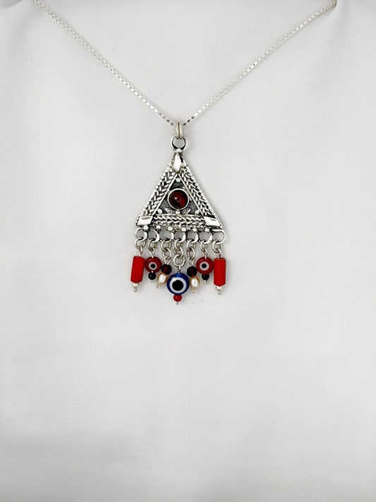 B405-  Pyramid Pendant with Pearls & Evil Eye