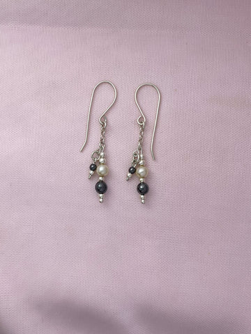 E74- Silver Earrings with Pearls and Hematite Beads