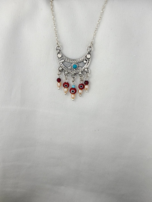 B406- Moon Necklace with Pearls & Evil Eye