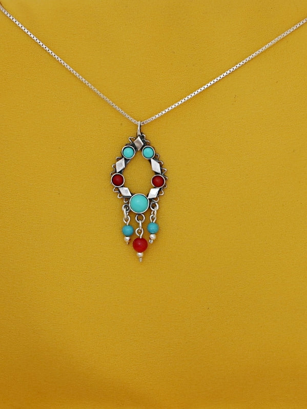 B307- Silver Penndant with Turquoise & Carnelian