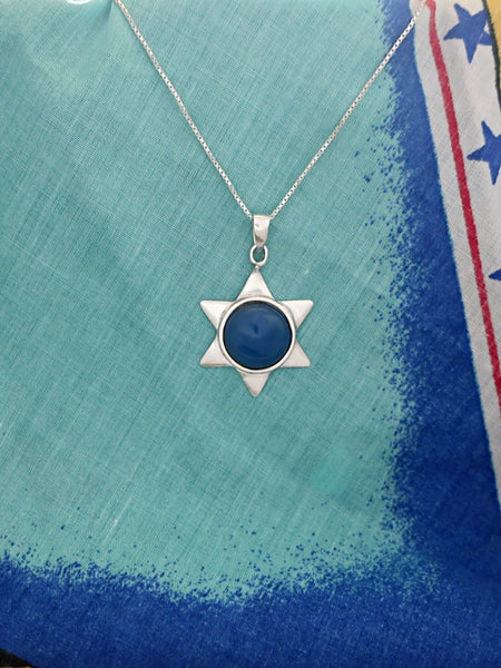 B17- David's Star Pendant with Blue Agate Stone/Carnelian Stone - Zehava Jewelry