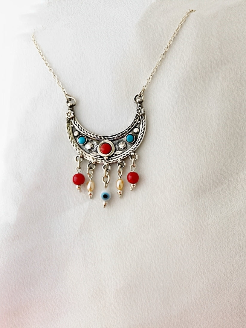 B387- Moon Pendant with Carnelian & Turquoise