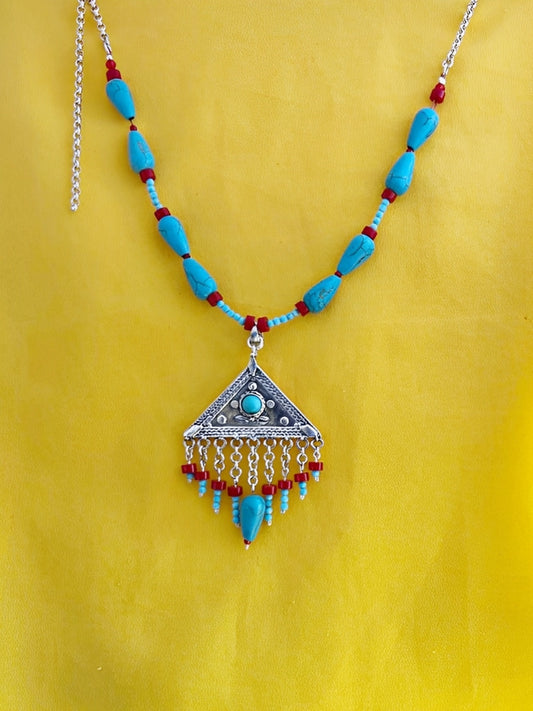 B96- Triangle Necklace with Turquoise & Carnelian