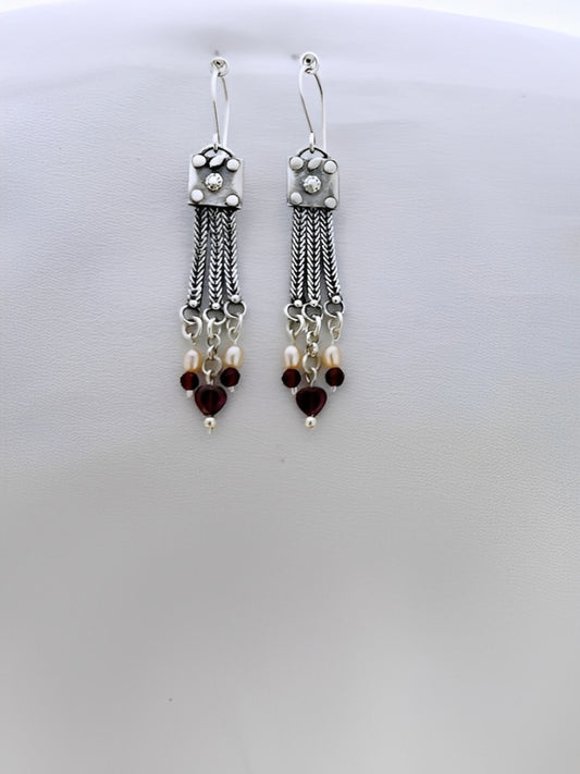 E147- Silver Earrings with Pearls & Garnet
