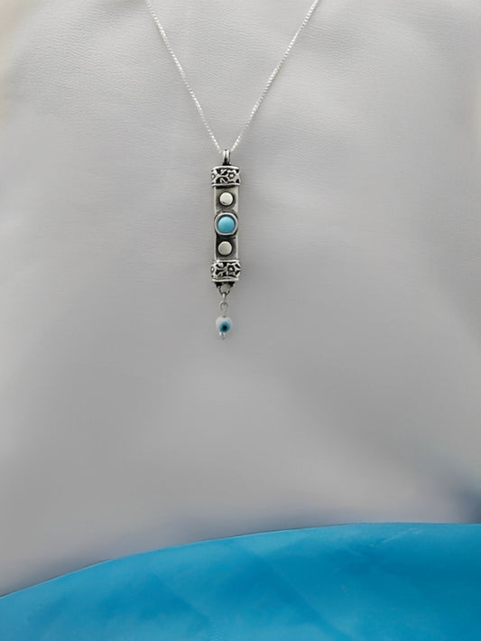 A14- Big Mezuzah with Turquoise Stone & Flowers - Zehava Jewelry