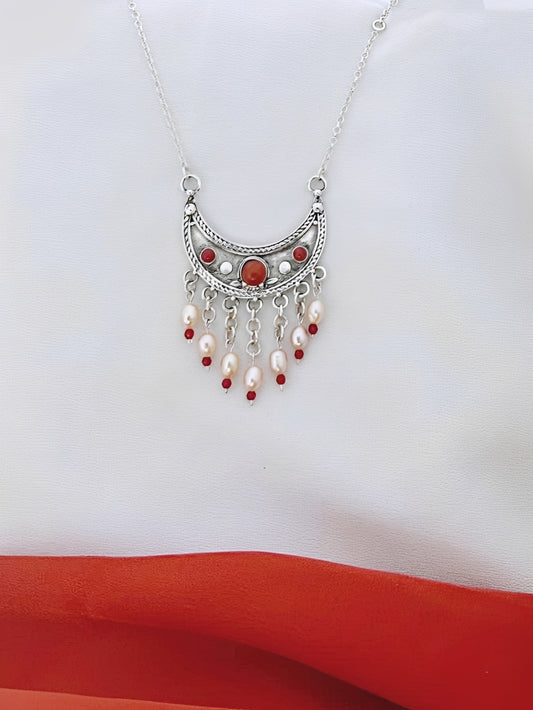 B37- Moon Pendant with Pearls & Coral
