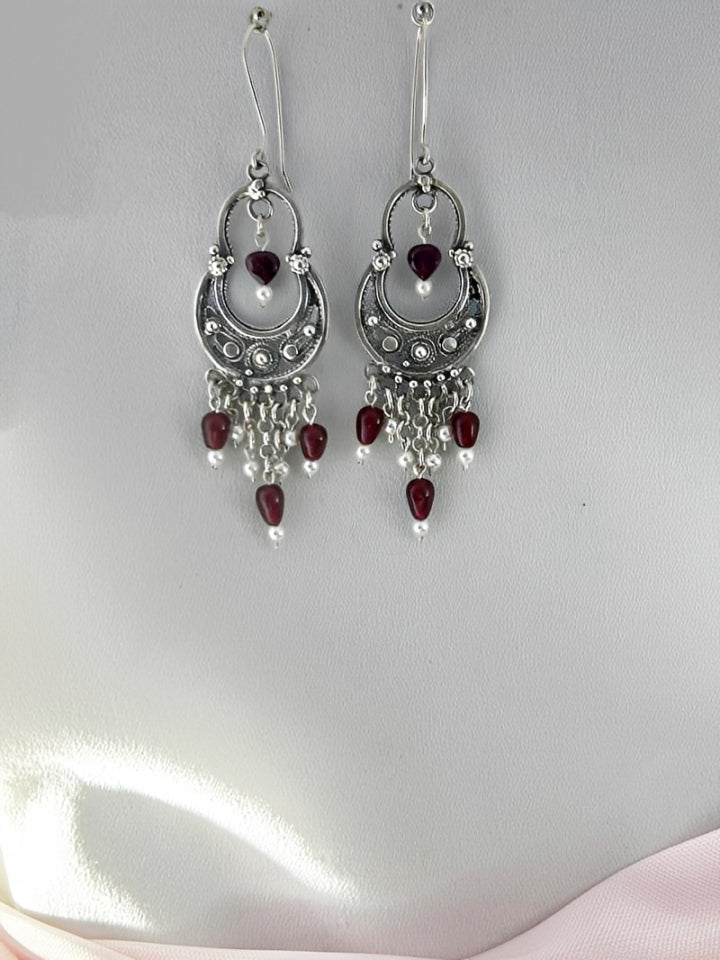 E149- Filigree Earrings with Garnet & Pearls