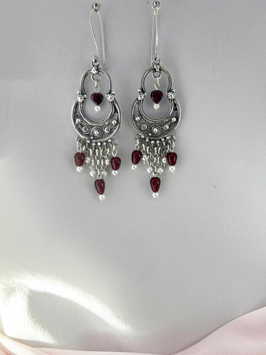 E149- Filigree Earrings with Garnet & Pearls