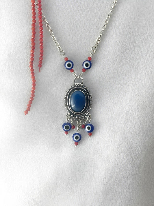 B412- Oval Necklace with Agate Stone - Zehava Jewelry