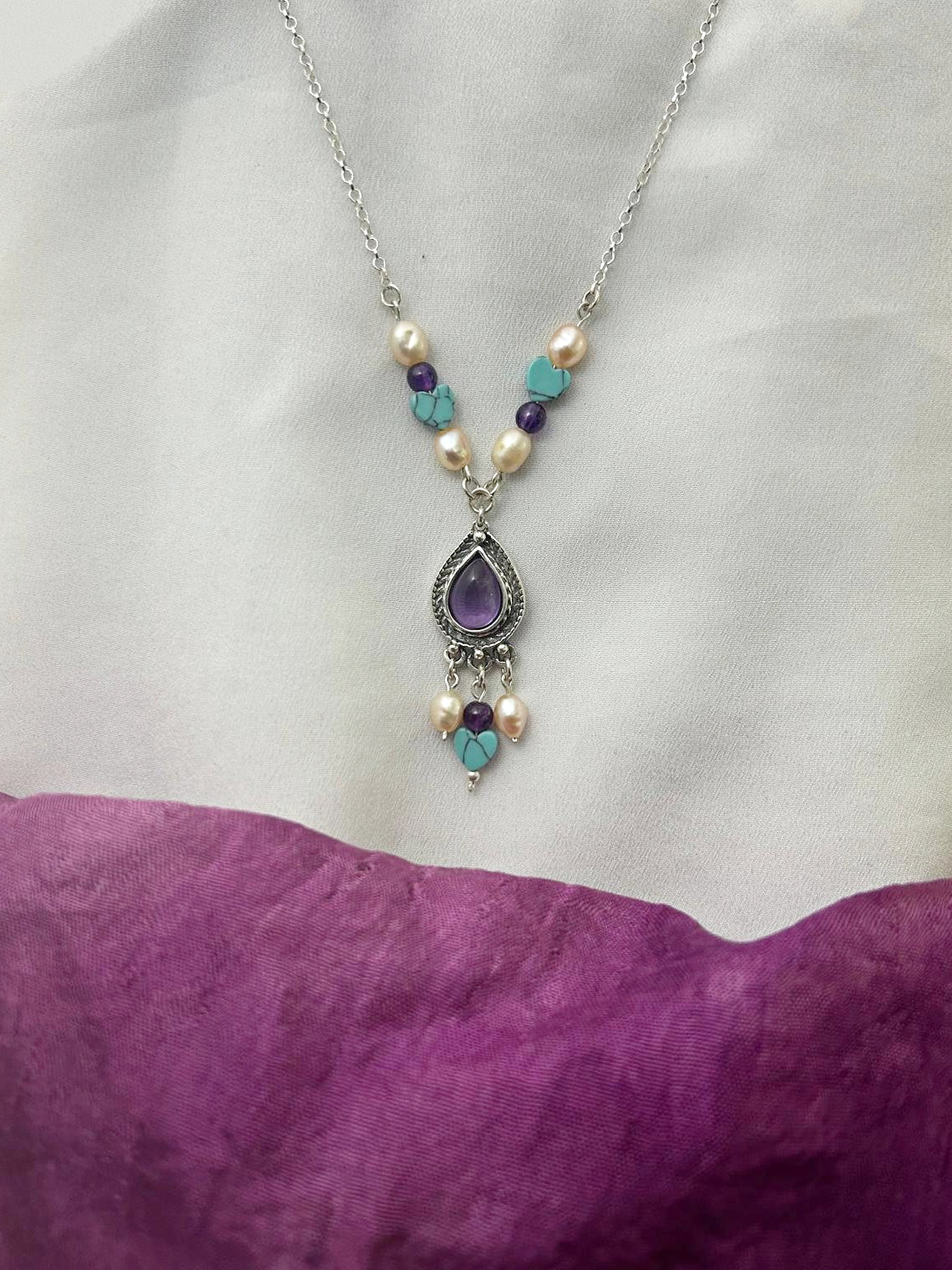B416- Drop Necklace with Amethyst Stone