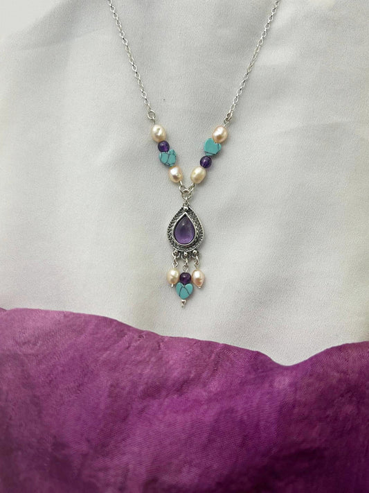 B416- Drop Necklace with Amethyst Stone - Zehava Jewelry
