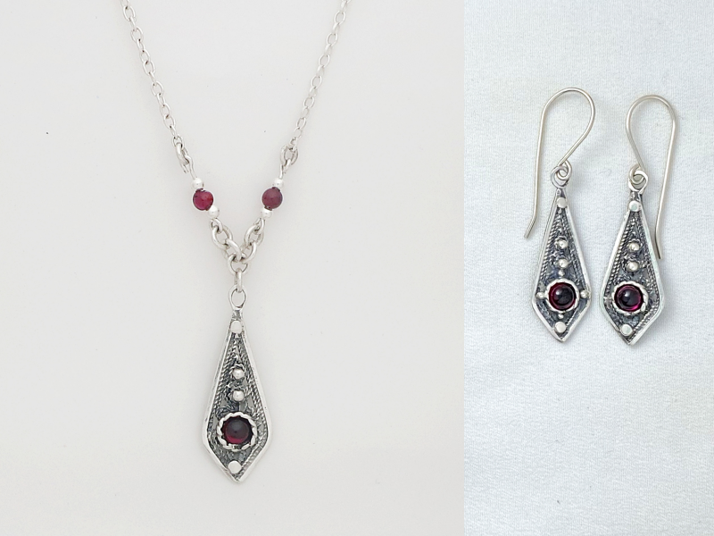 B42, E41- Silver Filigree Necklace & Earrings with Garnet Stones