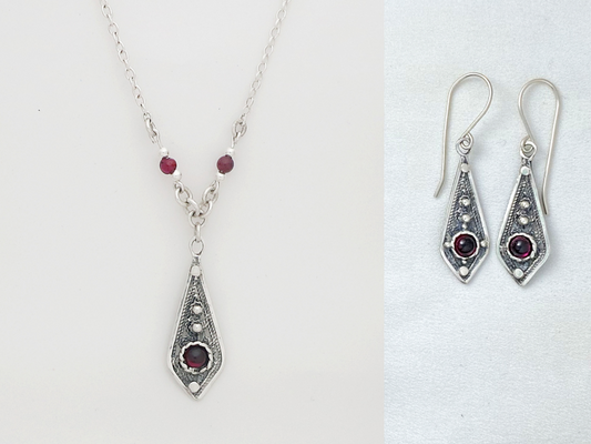 B42, E41- Silver Filigree Necklace & Earrings with Garnet Stones