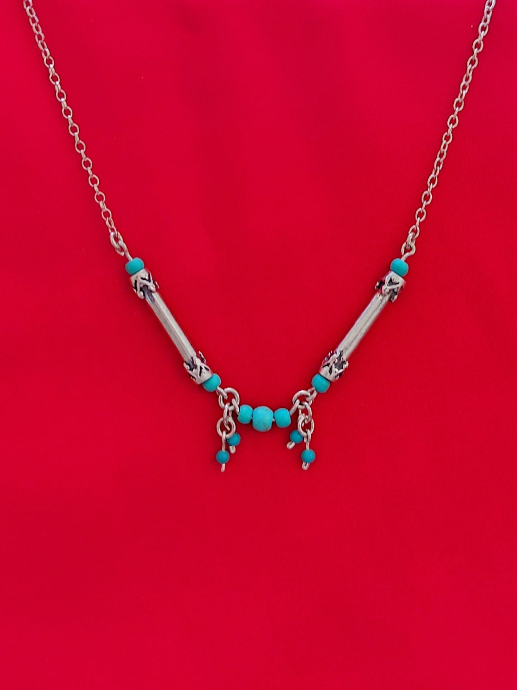 B70- Silver Necklace with Turquoise Beads - Zehava Jewelry