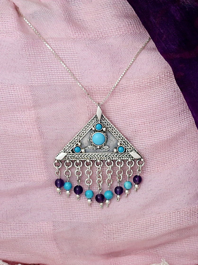 B195 -  Triangle Necklace with Turquoise & Amethyst