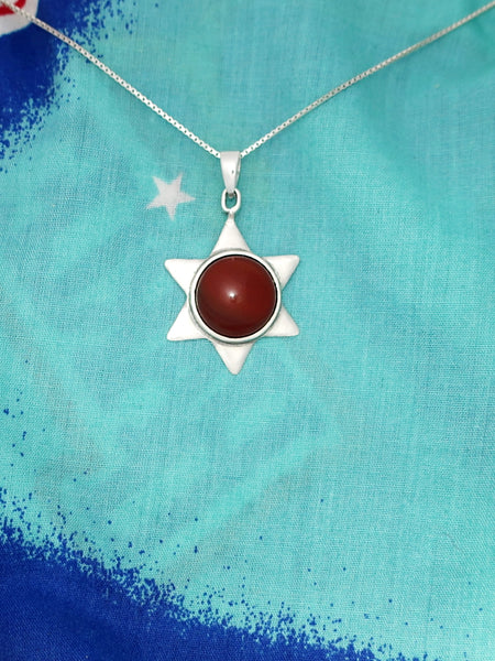 B17- David's Star Pendant with Blue Agate Stone/Carnelian Stone - Zehava Jewelry