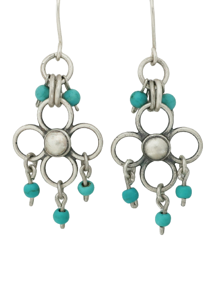 E35- Flowers Earrings with Turquoise Beads - Zehava Jewelry