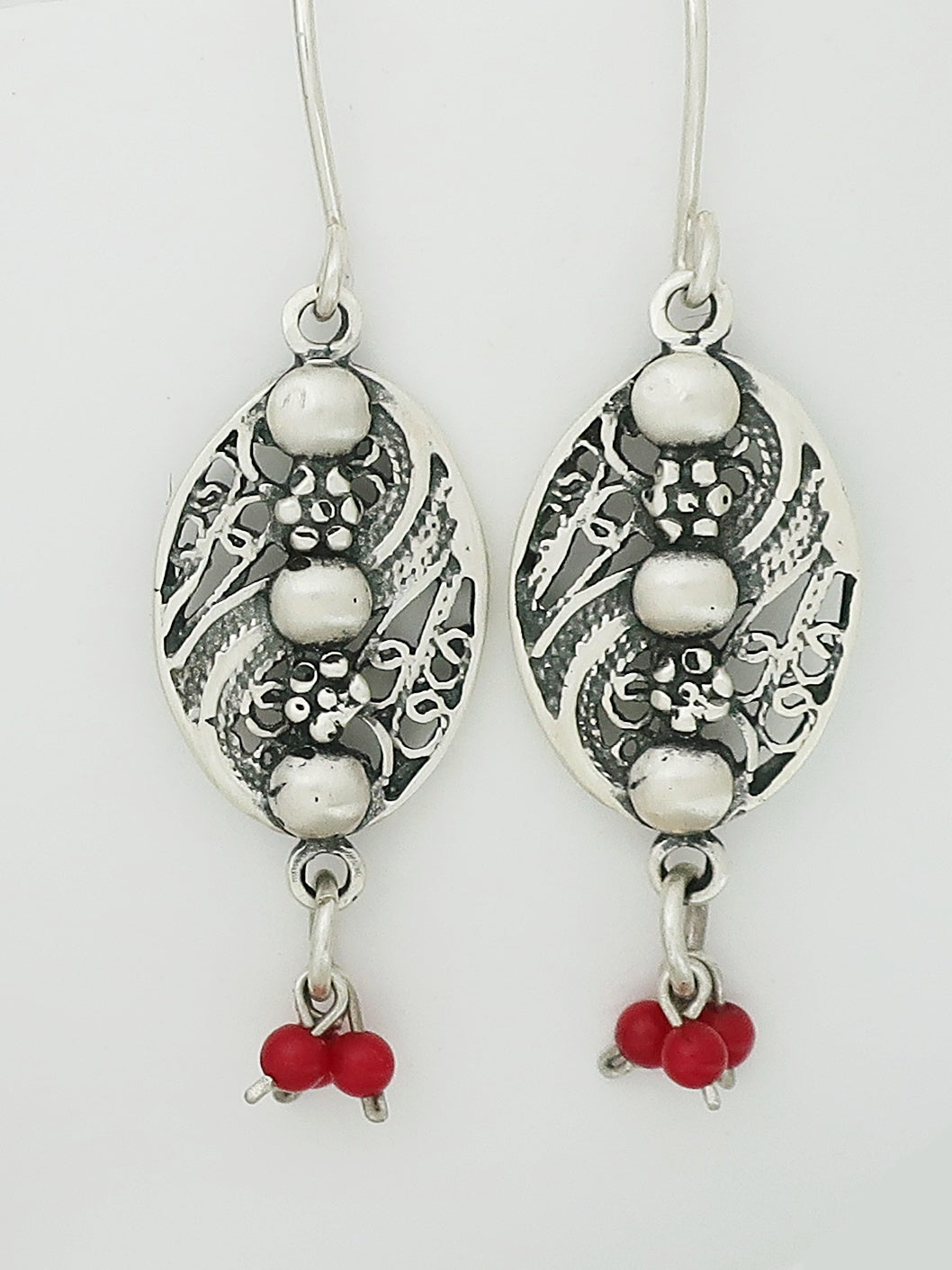 E3- Yemenite Oval Shaped Earrings with Three Red Beads - Zehava Jewelry