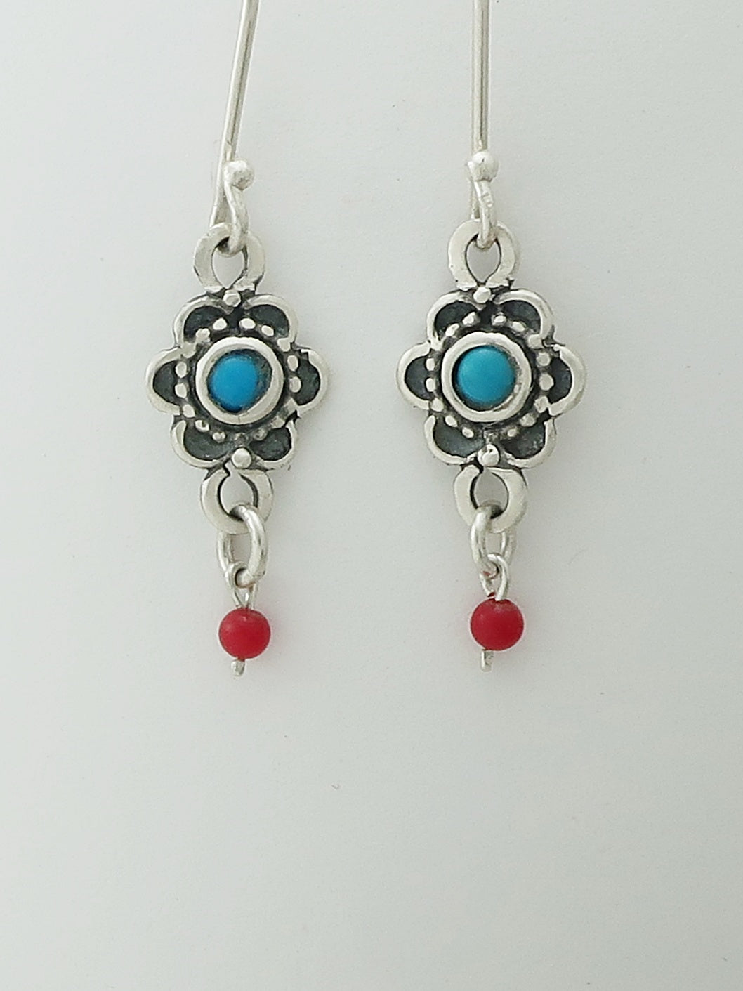 E33- Flowers Earrings with Turquoise Stone and Carnelian Beads - Zehava Jewelry