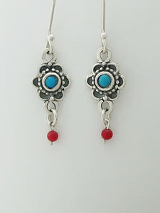 E33- Flowers Earrings with Turquoise Stone and Carnelian Beads - Zehava Jewelry