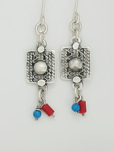 E11-  Silver Filigree Earrings with Turqouise and Red Beads - Zehava Jewelry