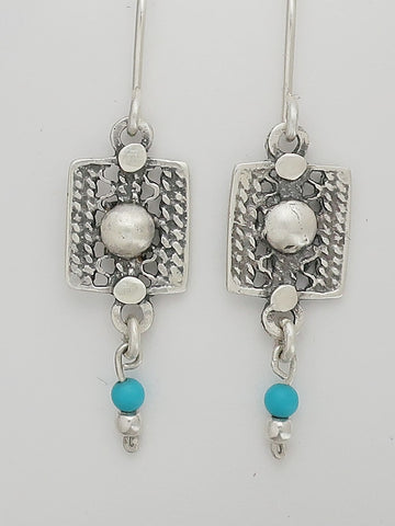 E23-  Silver Filigree Earrings with Turquoise Beads - Zehava Jewelry