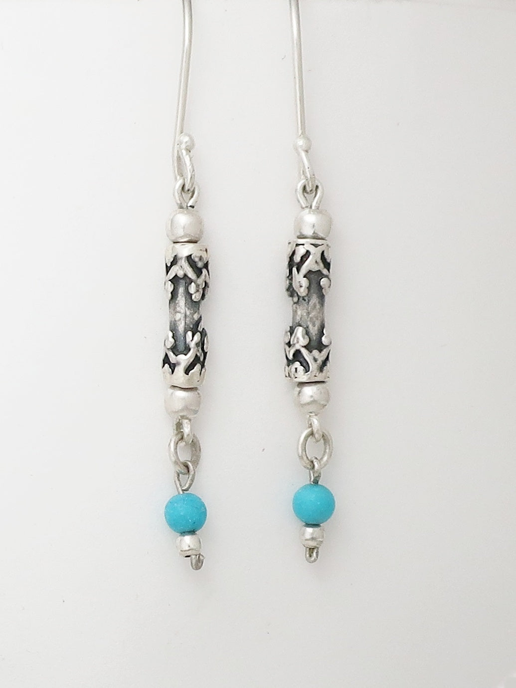 E26- Pipe Shaped Silver Earrings with Turquoise Beads - Zehava Jewelry