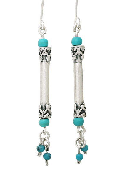 E30- Pipe Shaped Silver Earrings with Turquoise Beads - Zehava Jewelry