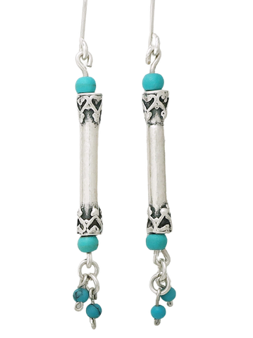 E30- Pipe Shaped Silver Earrings with Turquoise Beads - Zehava Jewelry