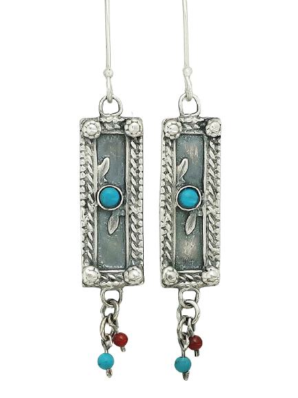 E31- Silver Earrings with Turquoise Stone and Beads - Zehava Jewelry