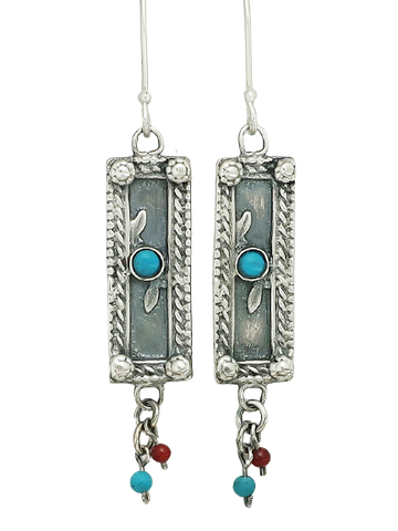 E31- Silver Earrings with Turquoise Stone and Beads - Zehava Jewelry