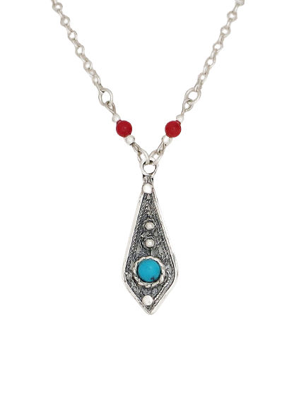 B51- Silver Filigree Pendant with Turquoise Stone - Zehava Jewelry