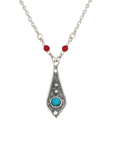 B51- Silver Filigree Pendant with Turquoise Stone - Zehava Jewelry