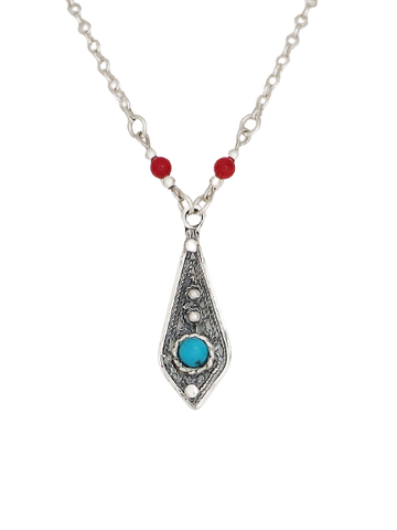 B51- Silver Filigree Pendant with Turquoise Stone - Zehava Jewelry