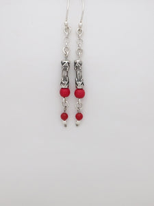 E45- Pipe Shaped Silver Earrings with Carnelian Beads - Zehava Jewelry