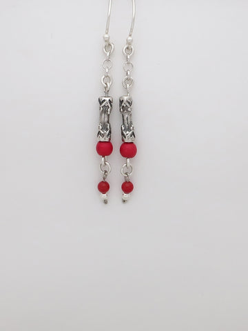 E45- Pipe Shaped Silver Earrings with Carnelian Beads - Zehava Jewelry