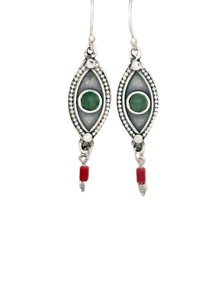 Silver Eye Earrings with Green Agate Stone - Zehava Jewelry