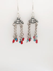 E44-Silver Earrings with Carnlian and Turquoise Beads - Zehava Jewelry