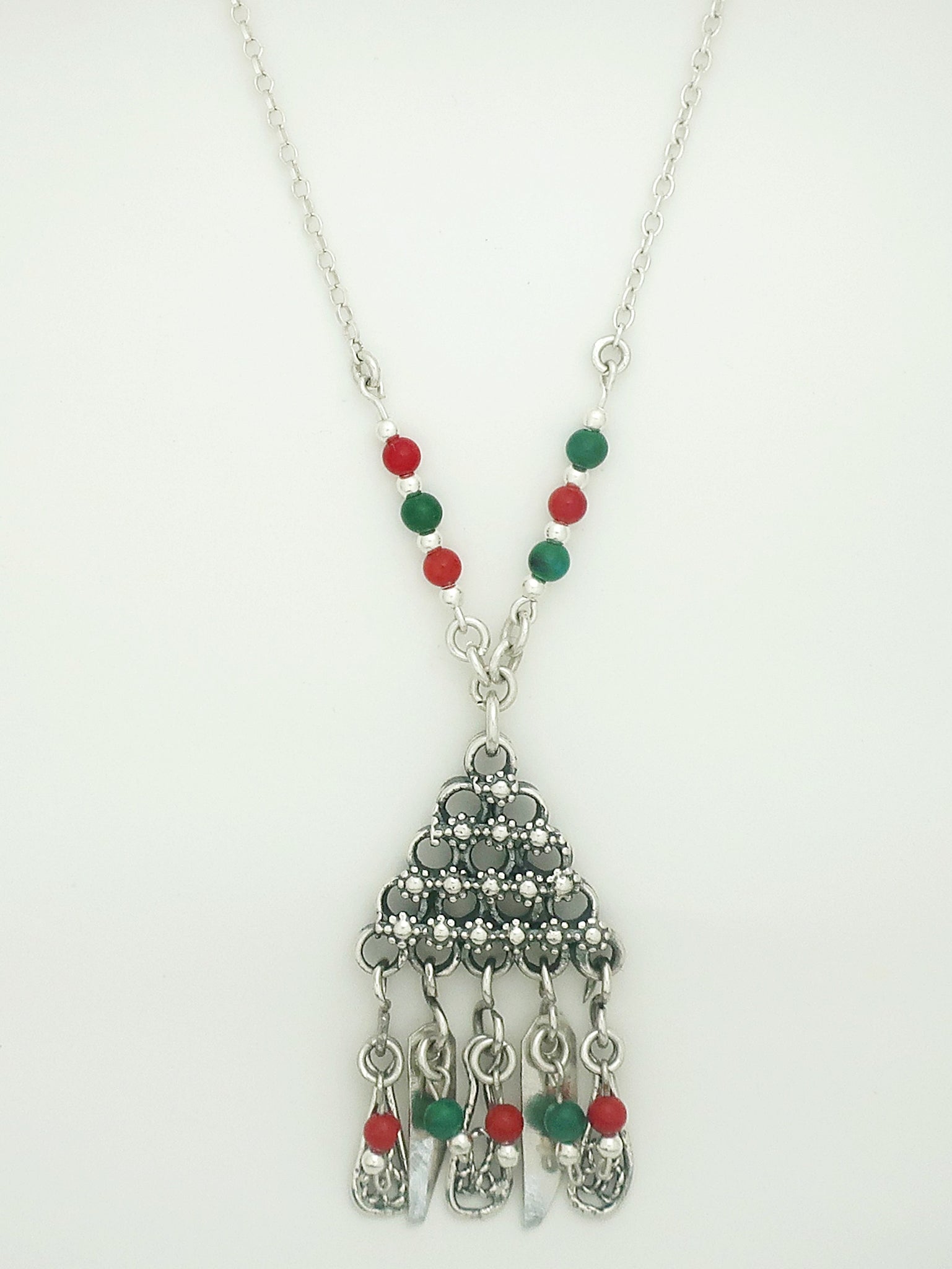 B68-  Triangle Pendant with Flowers - Zehava Jewelry