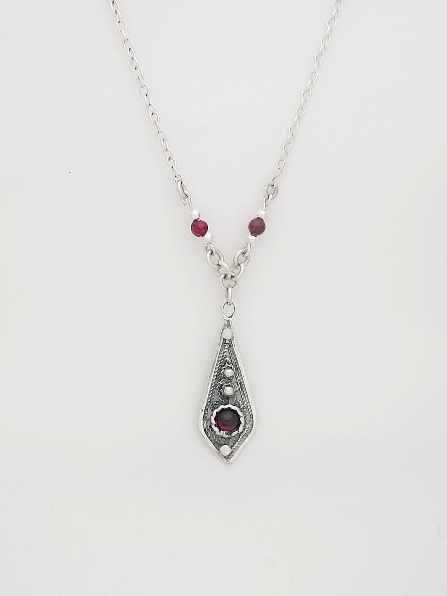 B42- Silver Filigree Pendant with Garnet Stone - Zehava Jewelry