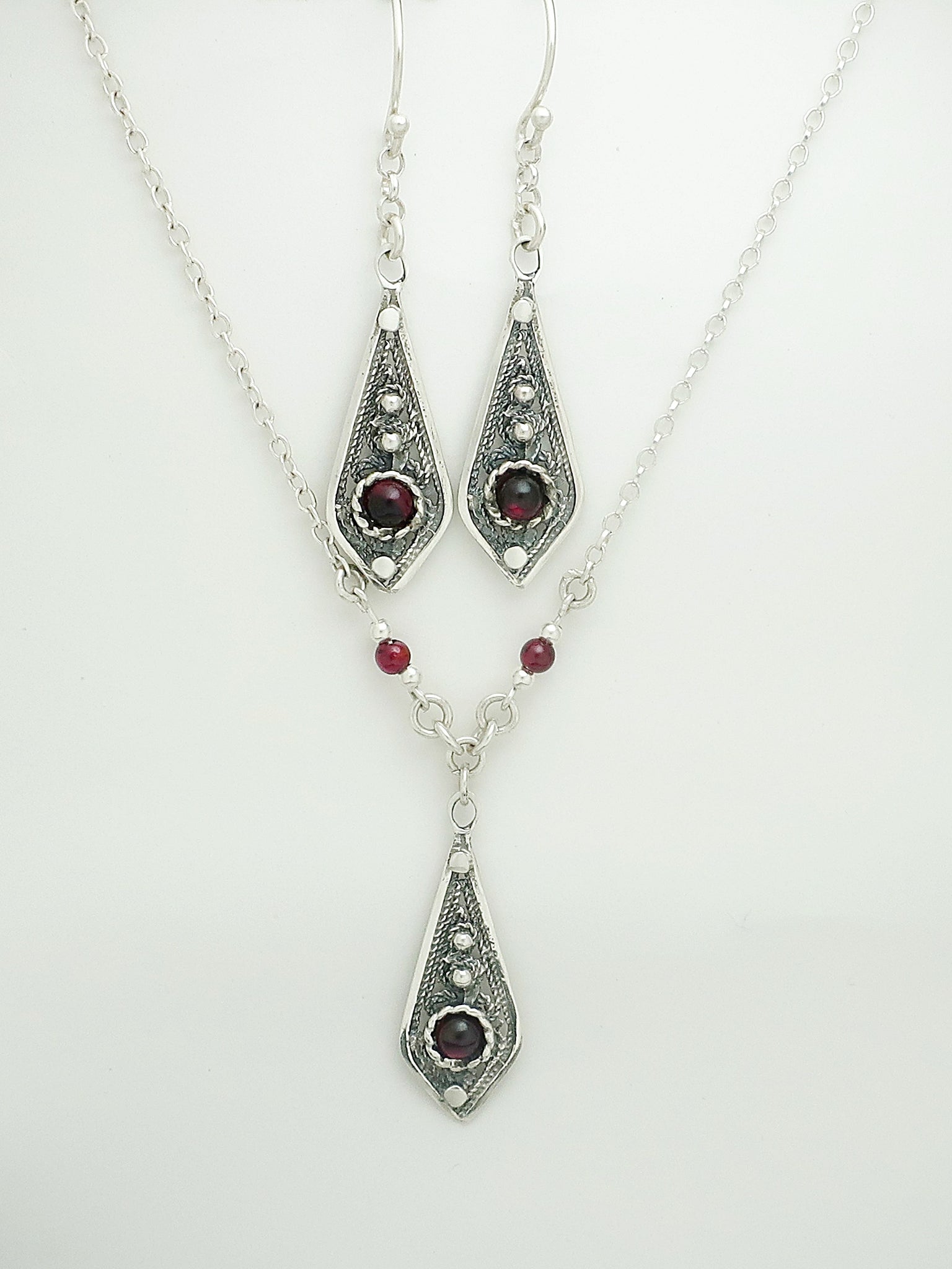 B42, E41- Silver Filigree Necklace & Earrings with Garnet Stones - Zehava Jewelry