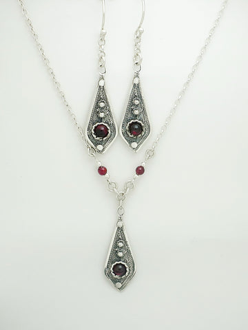 B42, E41- Silver Filigree Necklace & Earrings with Garnet Stones - Zehava Jewelry