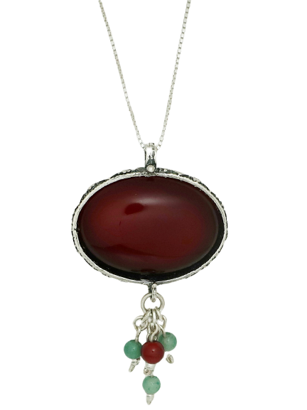 B35- Oval Shaped Pendant with Amber Stone - Zehava Jewelry