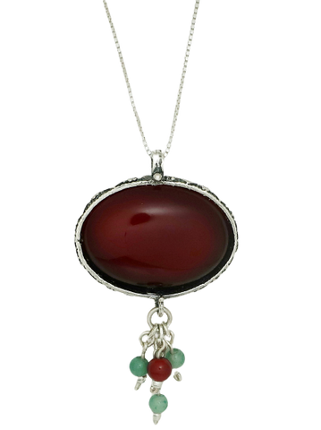 B35- Oval Shaped Pendant with Amber Stone - Zehava Jewelry