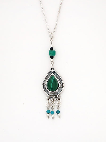 B75-  Drop Silver Necklace with Multiple Stones - Zehava Jewelry