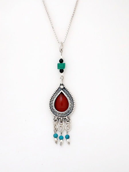 B75-  Drop Silver Necklace with Multiple Stones - Zehava Jewelry